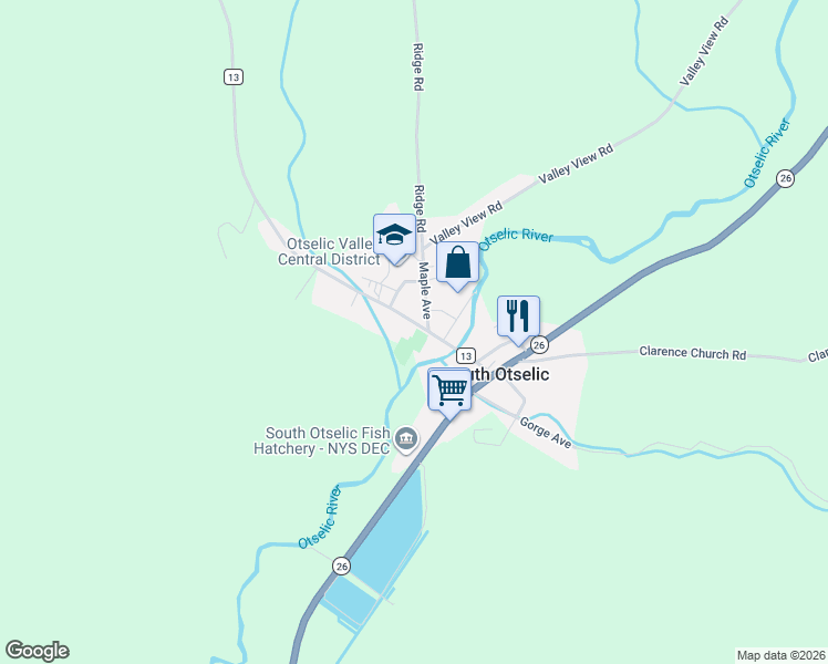 map of restaurants, bars, coffee shops, grocery stores, and more near 121-153 County Road 13 in South Otselic