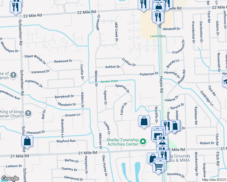 map of restaurants, bars, coffee shops, grocery stores, and more near 14635 Raven Court in Shelby charter Township