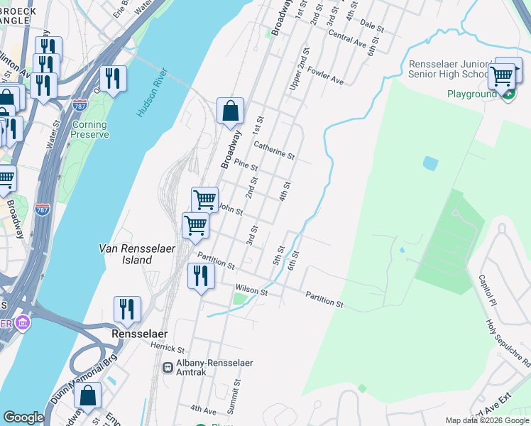 map of restaurants, bars, coffee shops, grocery stores, and more near 1016 3rd Street in Rensselaer