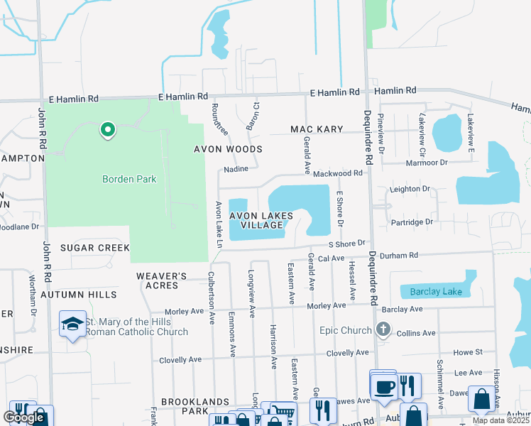 map of restaurants, bars, coffee shops, grocery stores, and more near 2169 Mackwood Court in Rochester Hills