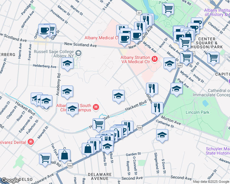 map of restaurants, bars, coffee shops, grocery stores, and more near 4 Clara Barton Drive in Albany