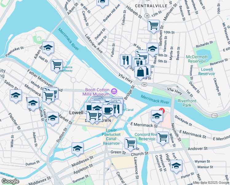 map of restaurants, bars, coffee shops, grocery stores, and more near 141 John Street in Lowell