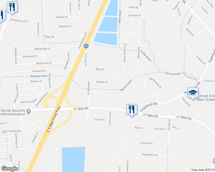 map of restaurants, bars, coffee shops, grocery stores, and more near 27444 Schiller Street in New Baltimore