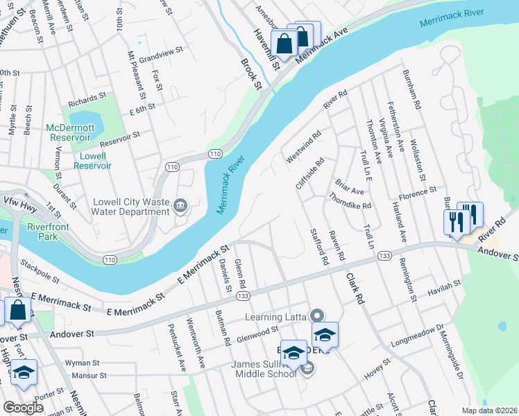 map of restaurants, bars, coffee shops, grocery stores, and more near 61 Heritage Drive in Lowell