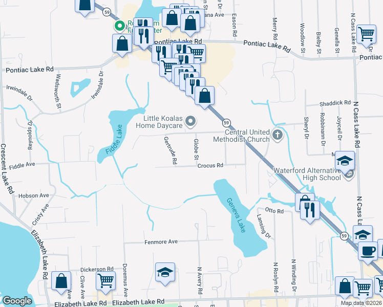 map of restaurants, bars, coffee shops, grocery stores, and more near 735 Globe Street in Waterford Township