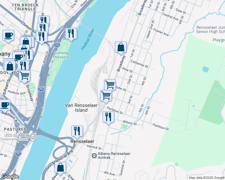 map of restaurants, bars, coffee shops, grocery stores, and more near 938 Broadway in Rensselaer