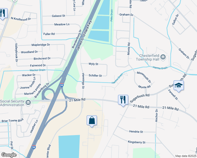 map of restaurants, bars, coffee shops, grocery stores, and more near 27444 Schiller Street in New Baltimore
