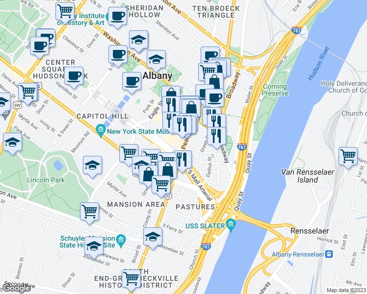 map of restaurants, bars, coffee shops, grocery stores, and more near 57 South Pearl Street in Albany