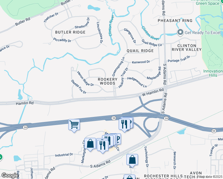map of restaurants, bars, coffee shops, grocery stores, and more near 3482 Heron Ridge Drive in Rochester Hills