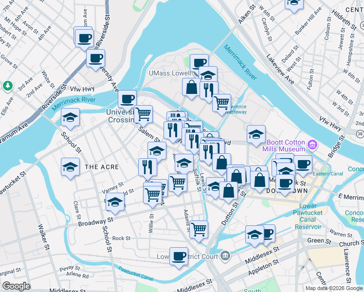 map of restaurants, bars, coffee shops, grocery stores, and more near 652 Merrimack Street in Lowell