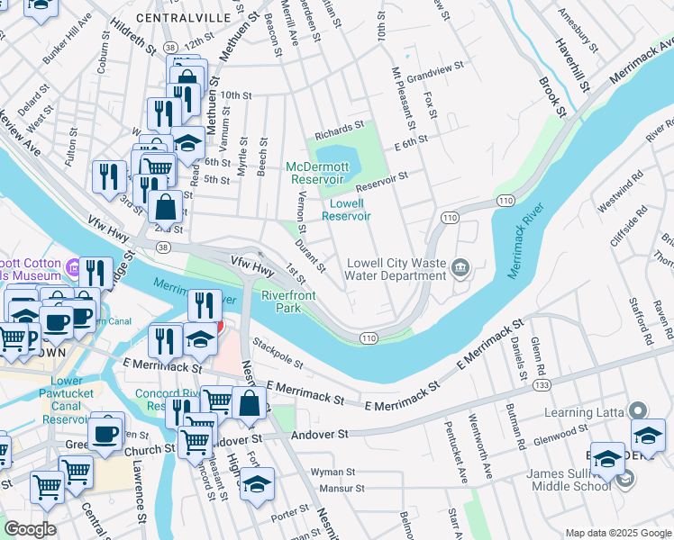 map of restaurants, bars, coffee shops, grocery stores, and more near 76 Beacon Street in Lowell
