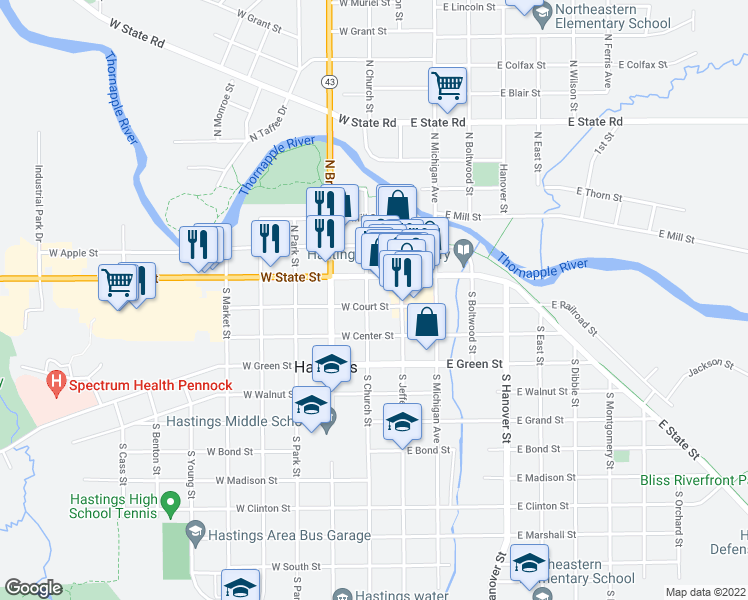 map of restaurants, bars, coffee shops, grocery stores, and more near 121 South Church Street in Hastings