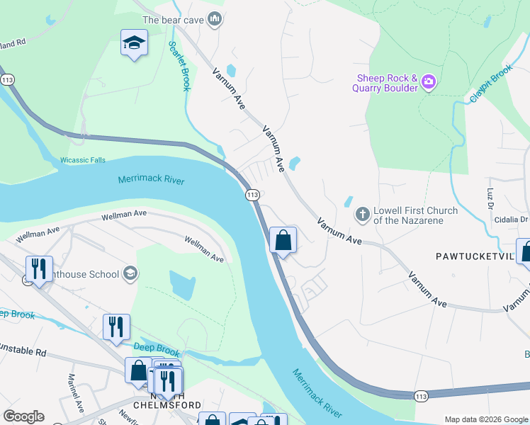 map of restaurants, bars, coffee shops, grocery stores, and more near 1359 Pawtucket Boulevard in Lowell