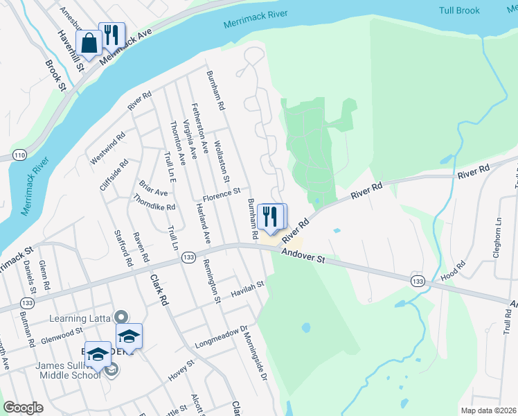 map of restaurants, bars, coffee shops, grocery stores, and more near 64 Burnham Road in Lowell