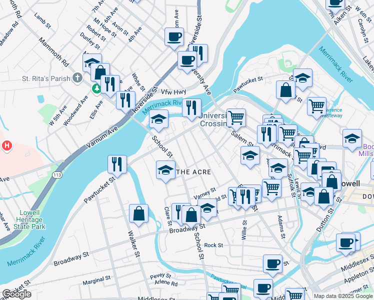 map of restaurants, bars, coffee shops, grocery stores, and more near 35 Mount Vernon Street in Lowell