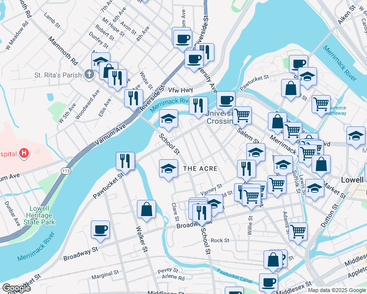map of restaurants, bars, coffee shops, grocery stores, and more near 84 School Street in Lowell
