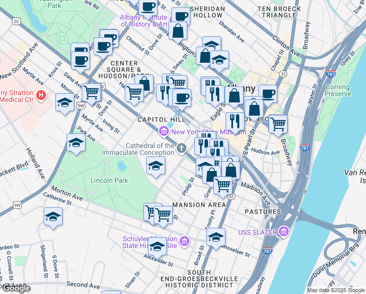 map of restaurants, bars, coffee shops, grocery stores, and more near in Albany