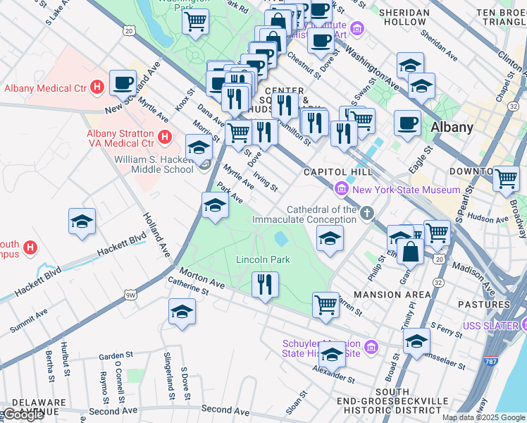 map of restaurants, bars, coffee shops, grocery stores, and more near 201 Park Avenue in Albany