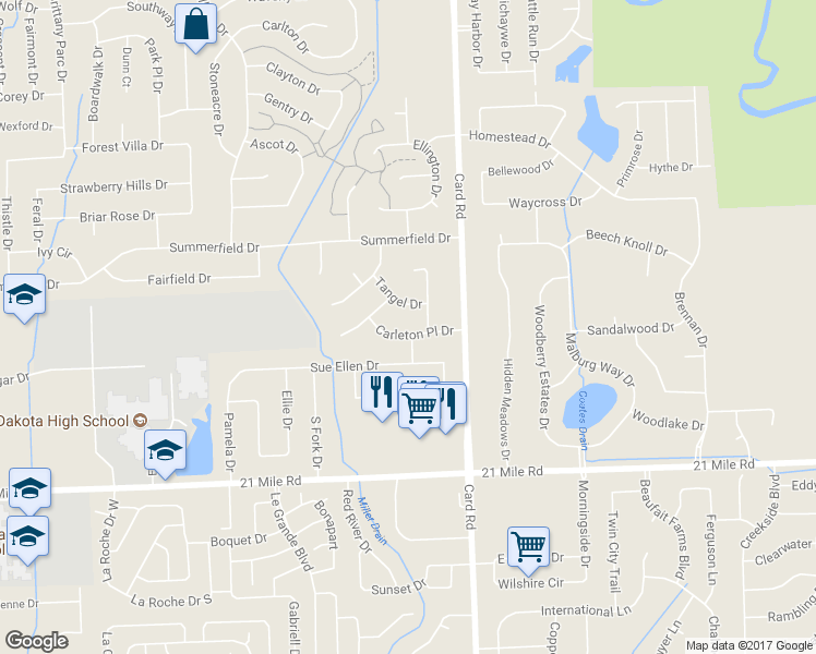 map of restaurants, bars, coffee shops, grocery stores, and more near 21629 Carleton Place Drive in Macomb