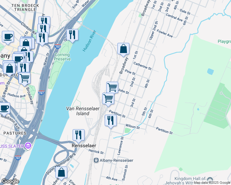 map of restaurants, bars, coffee shops, grocery stores, and more near 938 Broadway in Rensselaer