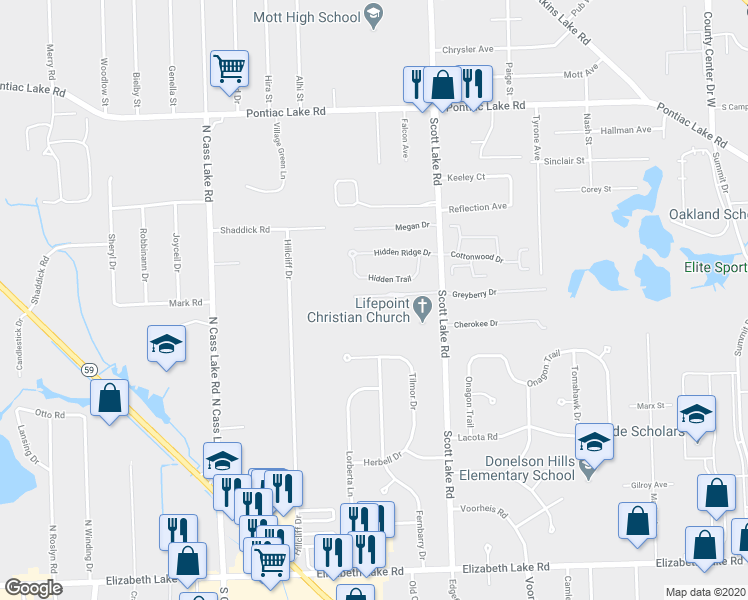 map of restaurants, bars, coffee shops, grocery stores, and more near 3169 Harbor Court in Waterford Township