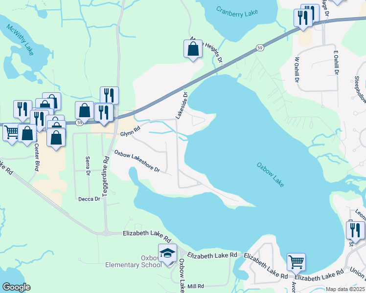 map of restaurants, bars, coffee shops, grocery stores, and more near 358 Lakeside Drive in White Lake charter Township