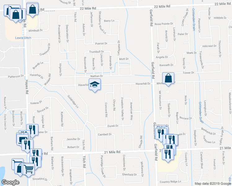 map of restaurants, bars, coffee shops, grocery stores, and more near 47846 Chrys Road in Macomb