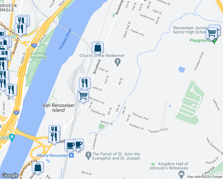 map of restaurants, bars, coffee shops, grocery stores, and more near 1016 3rd Street in Rensselaer