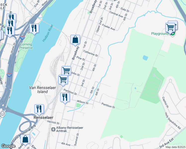 map of restaurants, bars, coffee shops, grocery stores, and more near 1032 4th Street in Rensselaer