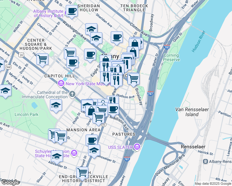 map of restaurants, bars, coffee shops, grocery stores, and more near 62 South Pearl Street in Albany