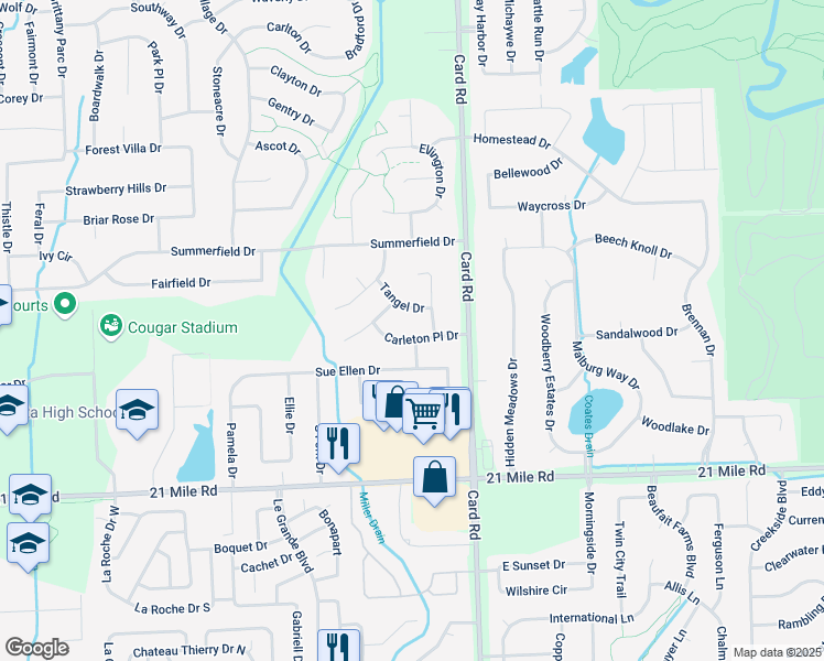map of restaurants, bars, coffee shops, grocery stores, and more near 21629 Carleton Place Drive in Macomb