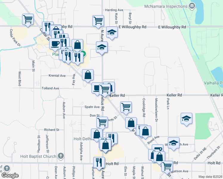 map of restaurants, bars, coffee shops, grocery stores, and more near 2275 North Vernon Avenue in Holt
