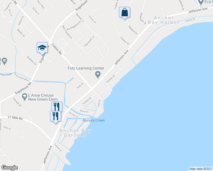 map of restaurants, bars, coffee shops, grocery stores, and more near 47291 Forton Street in New Baltimore