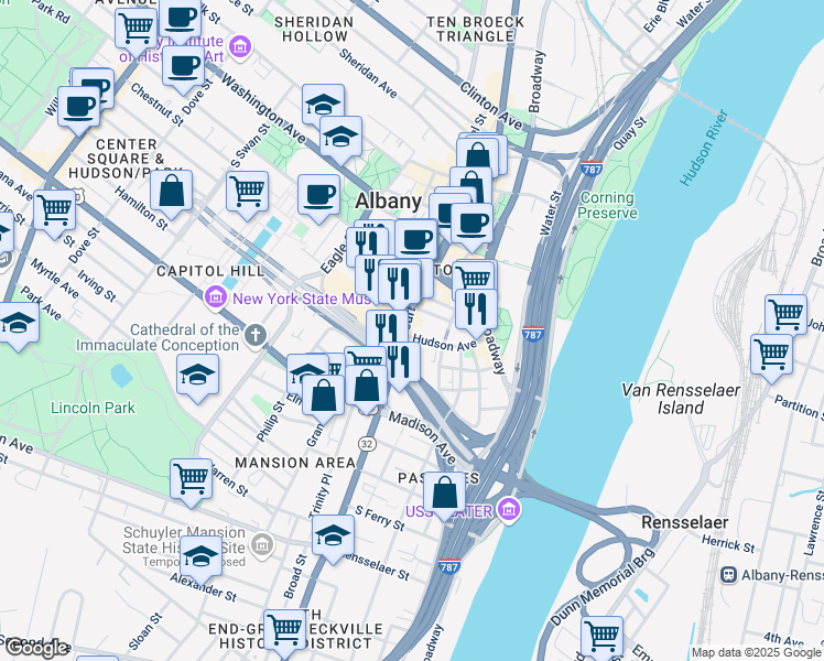 map of restaurants, bars, coffee shops, grocery stores, and more near 62 South Pearl Street in Albany