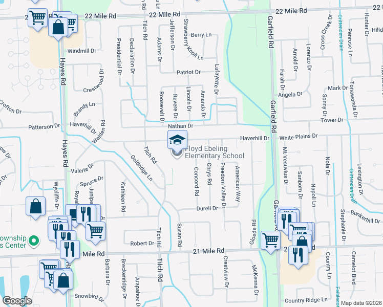 map of restaurants, bars, coffee shops, grocery stores, and more near 47825 Concord Road in Macomb