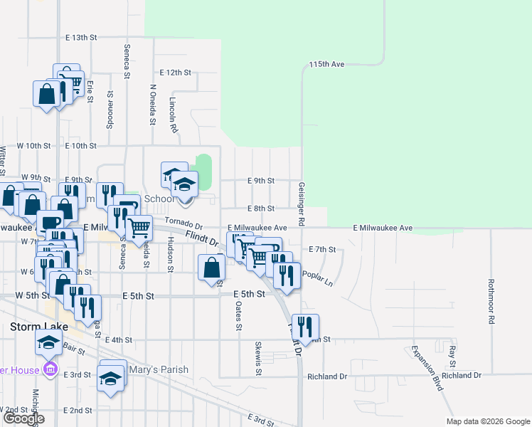 map of restaurants, bars, coffee shops, grocery stores, and more near 815 North Walnut Street in Storm Lake