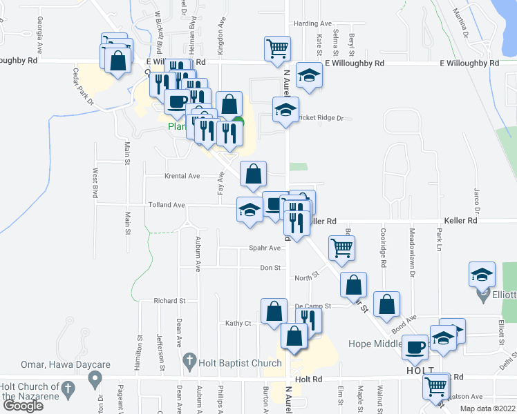 map of restaurants, bars, coffee shops, grocery stores, and more near 2285 Cedar Street in Delhi charter Township