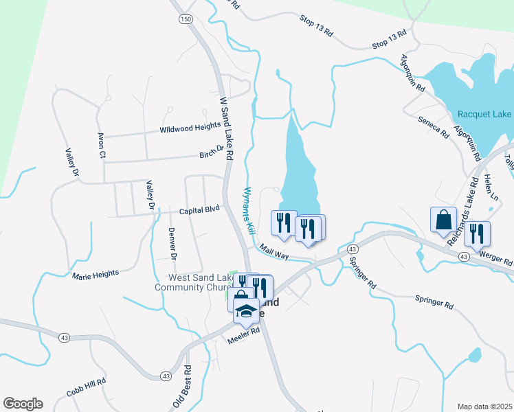 map of restaurants, bars, coffee shops, grocery stores, and more near 9 Brookside Road in West Sand Lake
