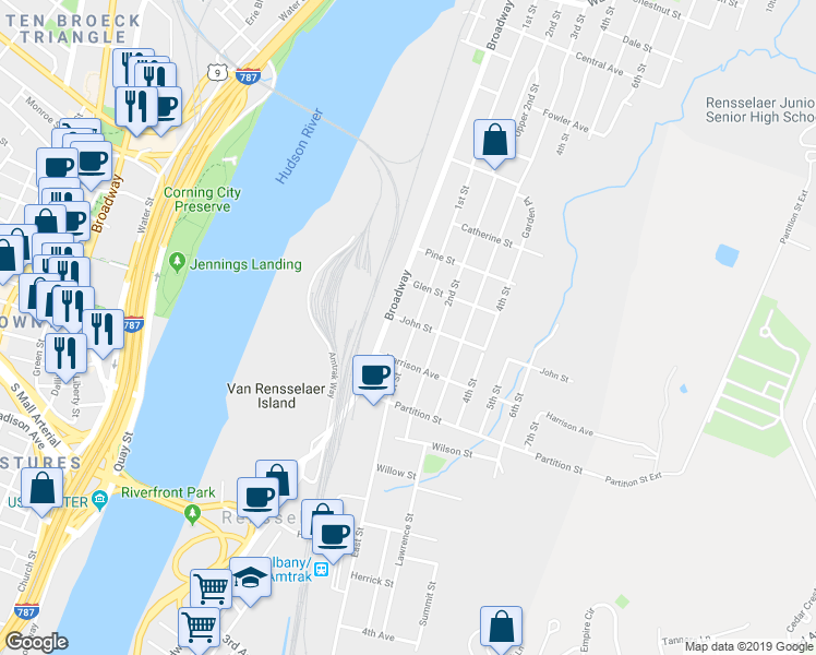 map of restaurants, bars, coffee shops, grocery stores, and more near 941 1st Street in Rensselaer
