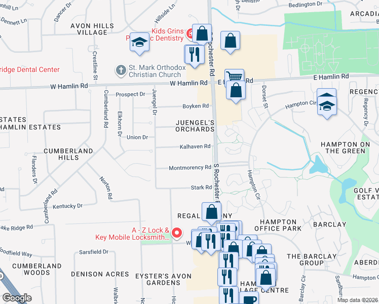map of restaurants, bars, coffee shops, grocery stores, and more near 105 Kalhaven Road in Rochester Hills