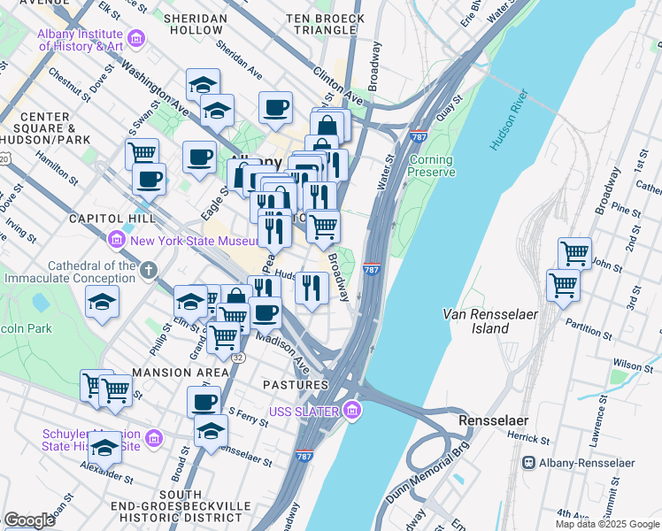 map of restaurants, bars, coffee shops, grocery stores, and more near 418 Broadway in Albany