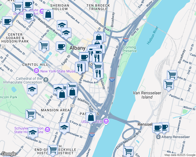 map of restaurants, bars, coffee shops, grocery stores, and more near 418 Broadway in Albany