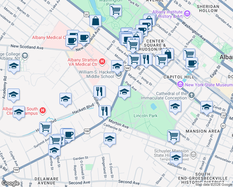 map of restaurants, bars, coffee shops, grocery stores, and more near 89 Delaware Avenue in Albany