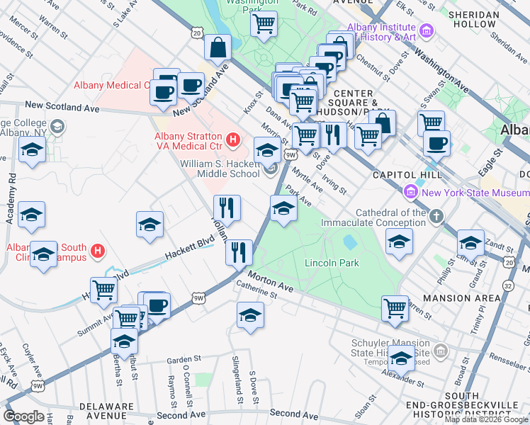 map of restaurants, bars, coffee shops, grocery stores, and more near 89 Delaware Avenue in Albany