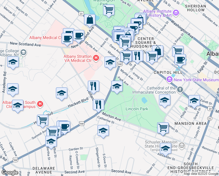 map of restaurants, bars, coffee shops, grocery stores, and more near 89 Delaware Avenue in Albany