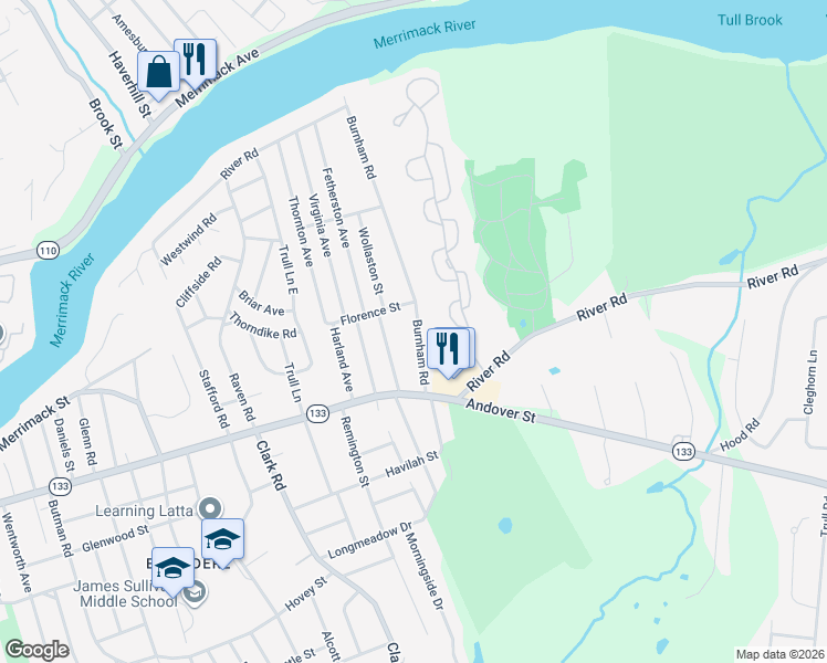 map of restaurants, bars, coffee shops, grocery stores, and more near 64 Burnham Road in Lowell