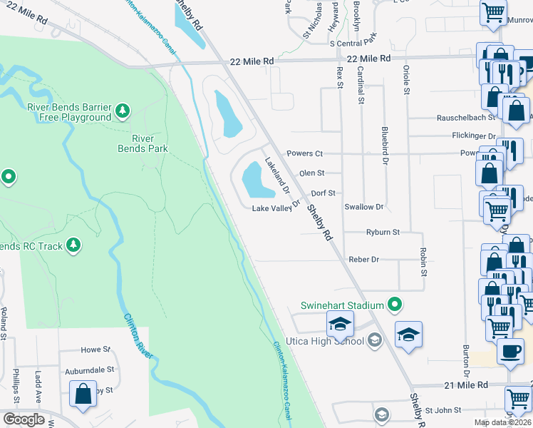 map of restaurants, bars, coffee shops, grocery stores, and more near 48213 Lake Valley Drive in Macomb County