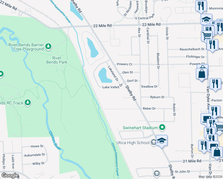 map of restaurants, bars, coffee shops, grocery stores, and more near 48213 Lake Valley Drive in Macomb County