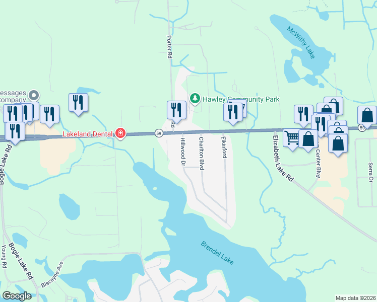 map of restaurants, bars, coffee shops, grocery stores, and more near 740 Hillwood in White Lake charter Township