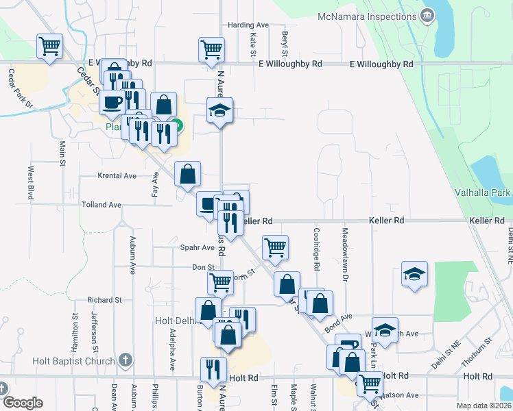 map of restaurants, bars, coffee shops, grocery stores, and more near 2275 North Vernon Avenue in Delhi charter Township